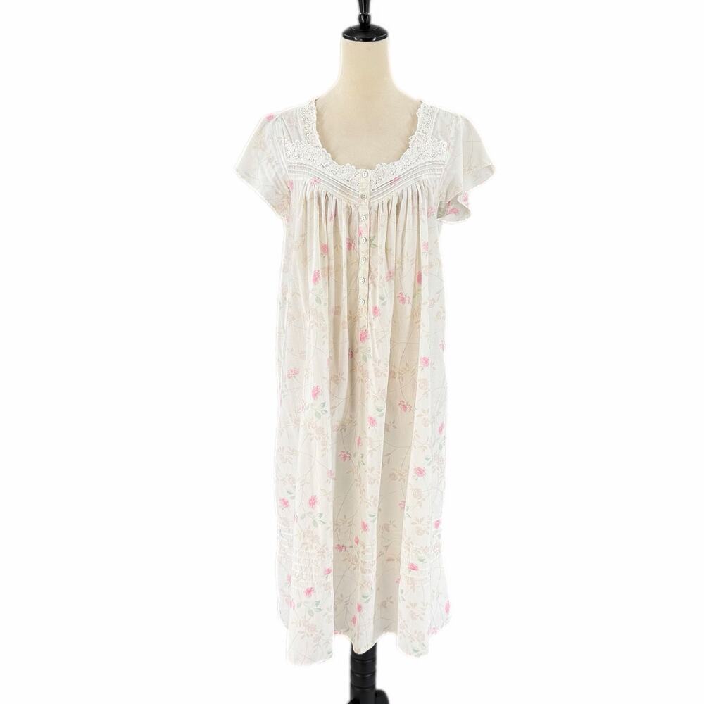 Eileen West White Pink Grannycore Lace Floral Lightweight Fairycore Nightgown
